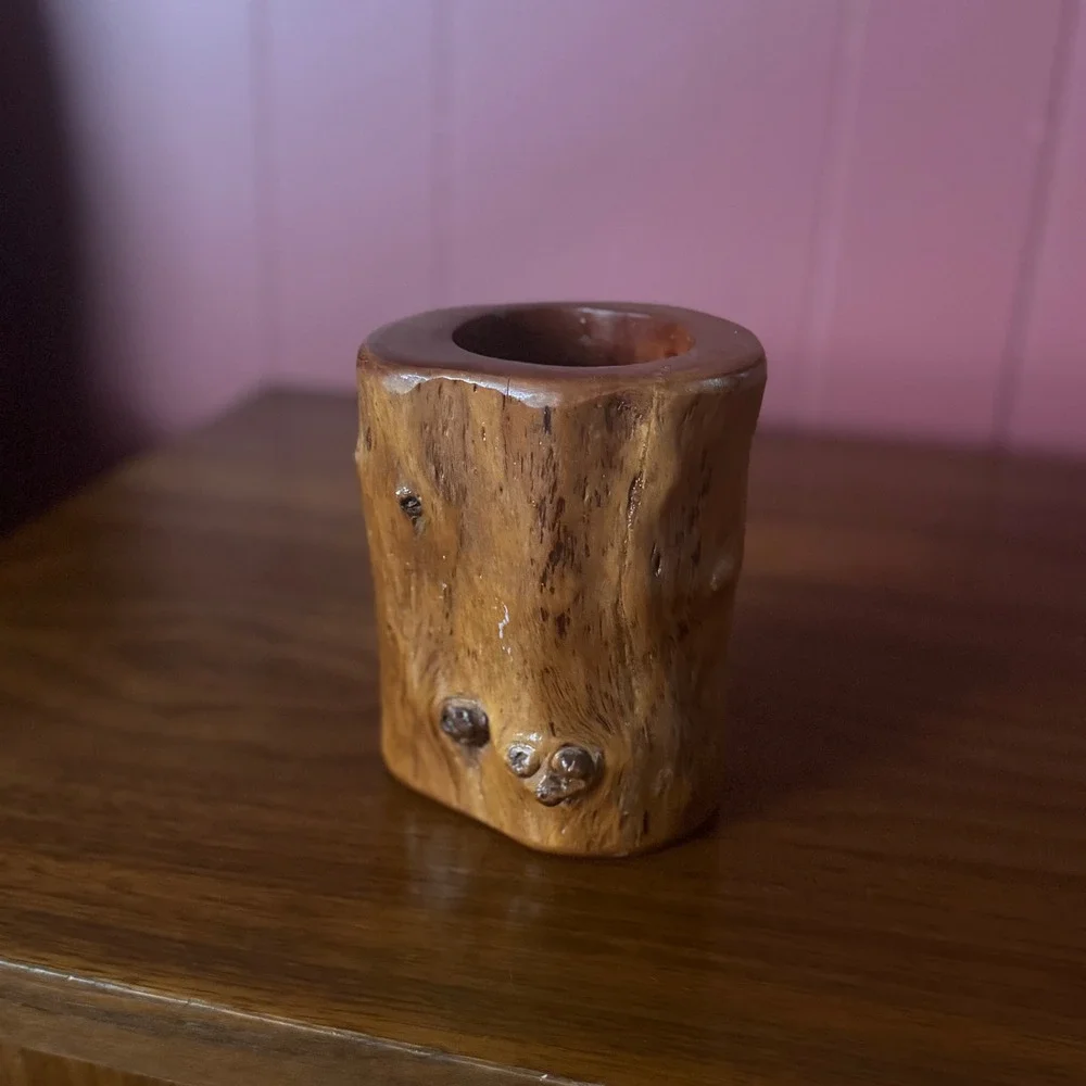 Vintage Rustic Hand Carved Wood Tree Log Vase Pencil Holder Cup Boho Cabin Decor